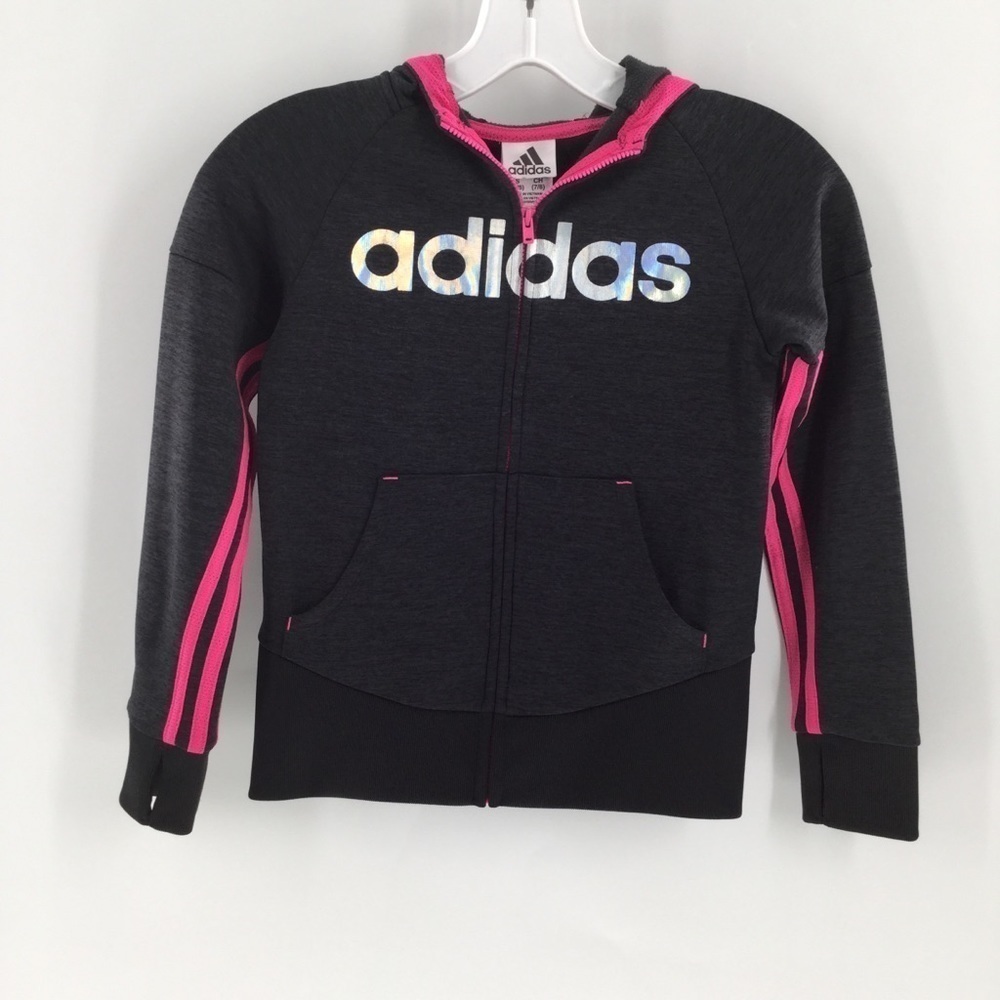 Adidas girls gray, pink &‎ black hoodie/thumb holes